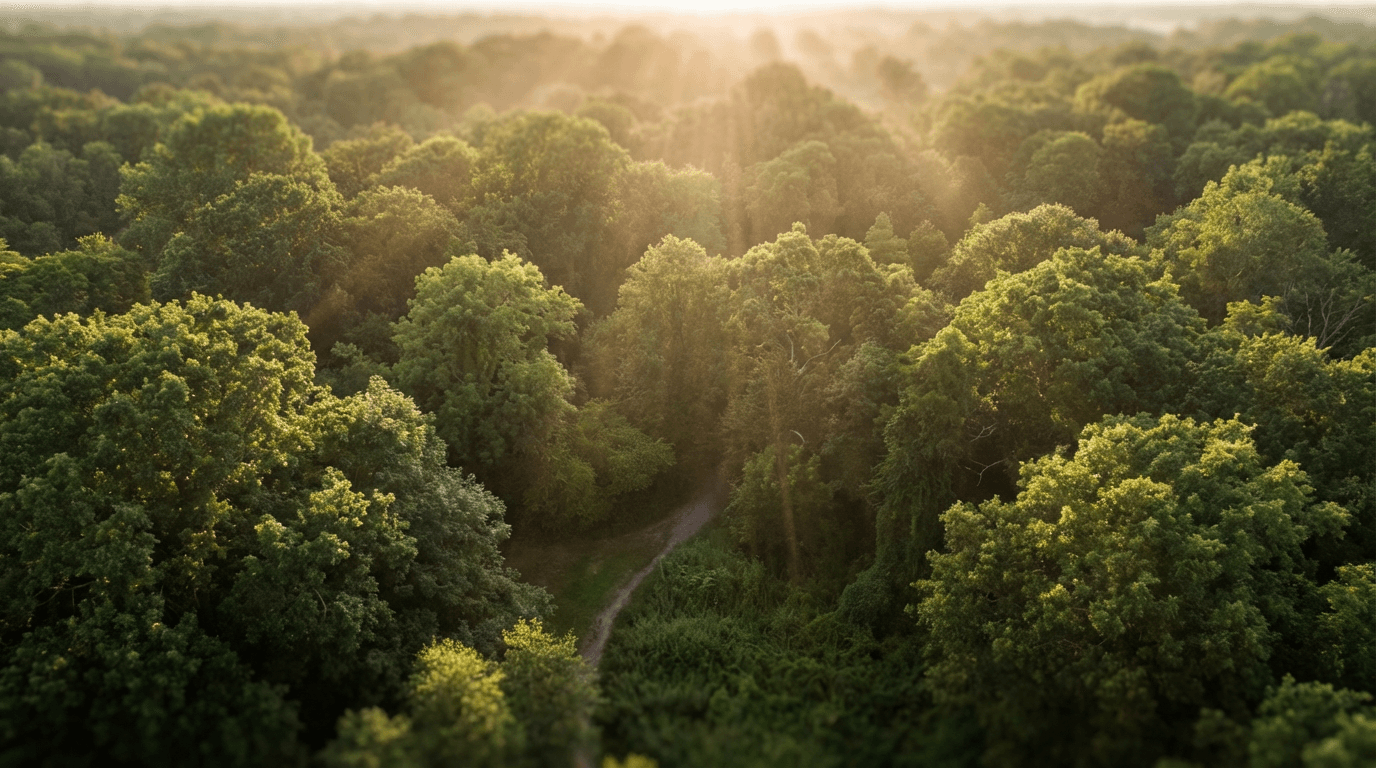 Forest canopy with golden sunlight filtering through layered green leaves, gentle camera movement forward.