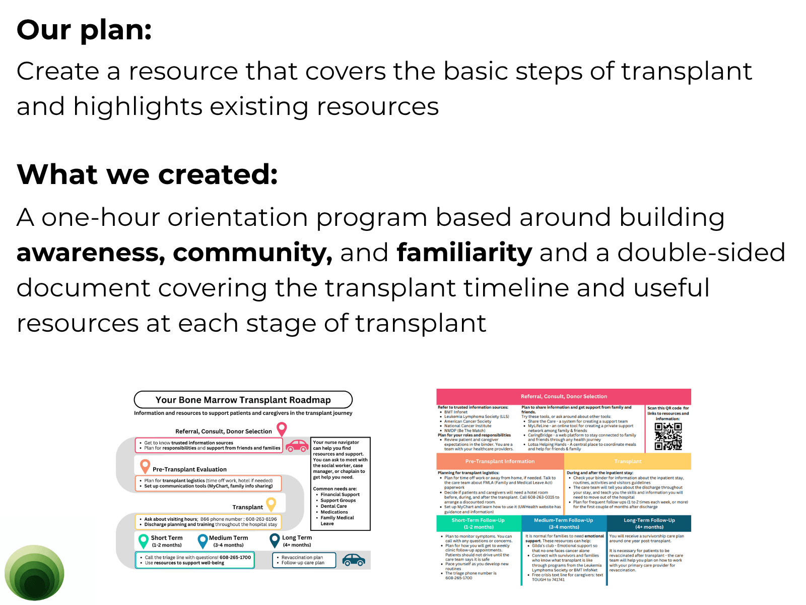 Presentation slide outlining a bone marrow transplant orientation program and a multi-stage patient roadmap.
