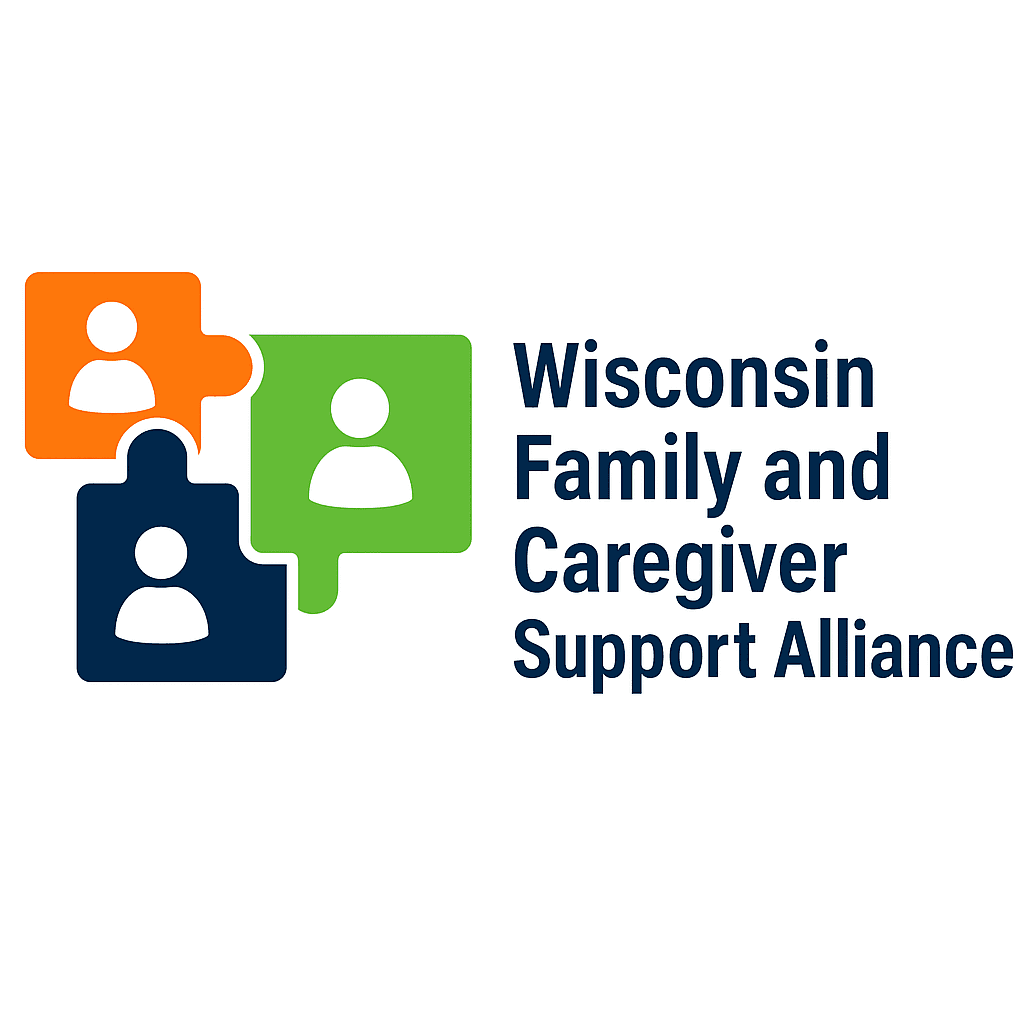 Wisconsin Family and Caregiver Support Alliance logo with orange, green, and blue interlocking person icons.